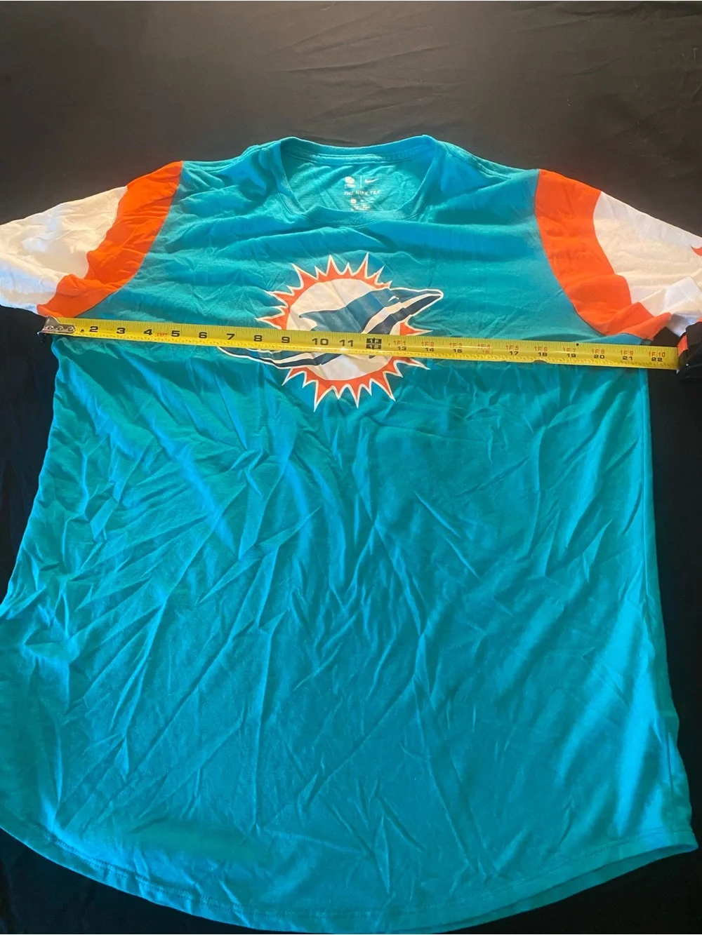 Miami Dolphins womens xl Teal Logo T-Shirt with Orange & White Sleeve Accents